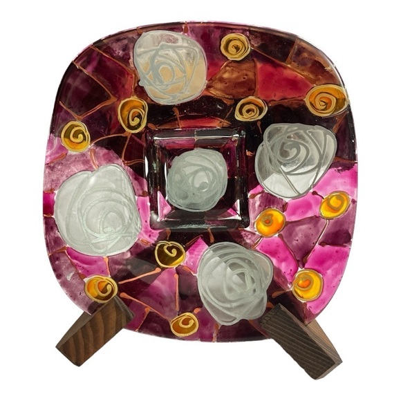 Hand painted Glass Art. Small trinket tray with colors of pink, orange swirls - Picture 3 of 12